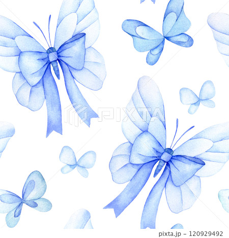 watercolor seamless pattern with butterflies with blue bows and ribbons. festive print on white background 120929492