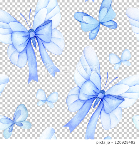 watercolor seamless pattern with butterflies with blue bows and ribbons. festive print on white background 120929492