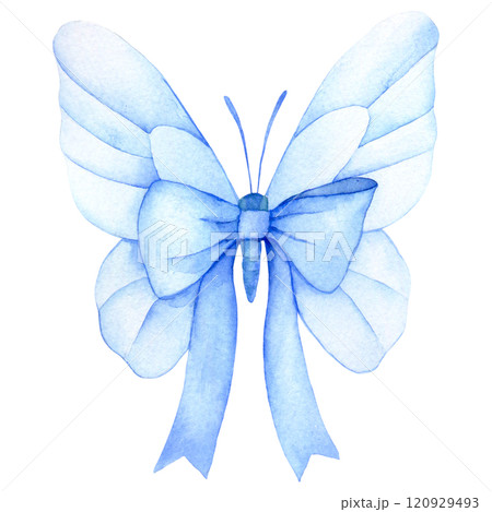watercolor drawing, butterfly with bow and blue ribbon. watercolor drawing, butterfly with bow and blue ribbon. 120929493