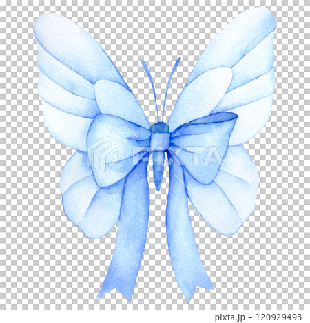 watercolor drawing, butterfly with bow and blue ribbon. watercolor drawing, butterfly with bow and blue ribbon. 120929493