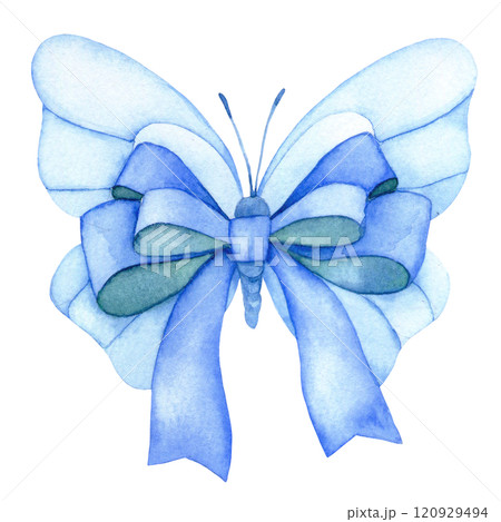 watercolor drawing, butterfly with bow and blue ribbon. watercolor drawing, butterfly with bow and blue ribbon. 120929494
