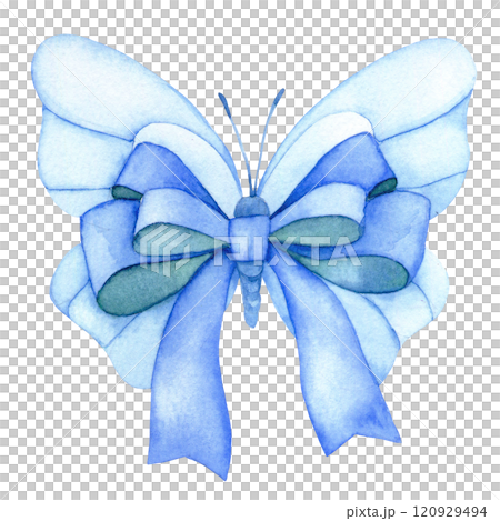 watercolor drawing, butterfly with bow and blue ribbon. watercolor drawing, butterfly with bow and blue ribbon. 120929494