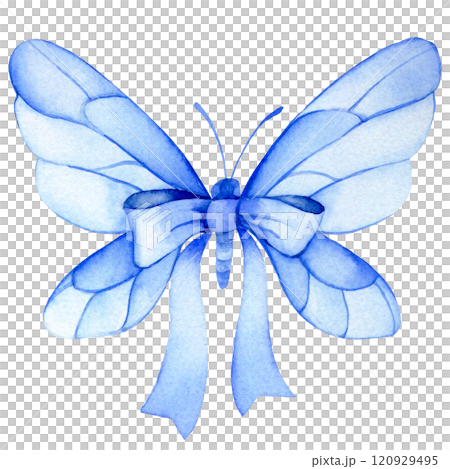 watercolor drawing, butterfly with bow and blue ribbon. watercolor drawing, butterfly with bow and blue ribbon. 120929495