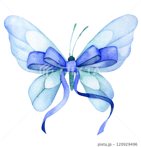 watercolor drawing, butterfly with bow and blue ribbon. watercolor drawing, butterfly with bow and blue ribbon. 120929496