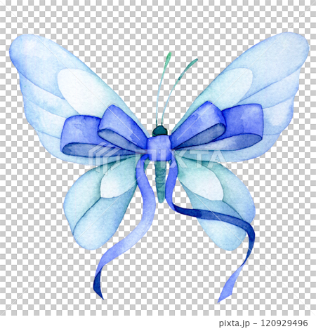 watercolor drawing, butterfly with bow and blue ribbon. watercolor drawing, butterfly with bow and blue ribbon. 120929496