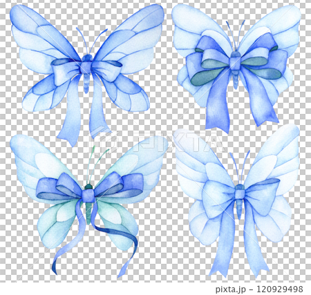 watercolor drawing, set of butterflies with bows and blue ribbons watercolor drawing, set of butterflies with bows and blue ribbons 120929498