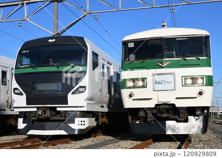 東大宮で並ぶE257系5000番台とおはようライナー表示の185系 東大宮で並ぶE257系5000番台とおはようライナー表示の185系 120929809