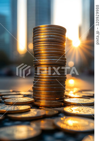 Stack of gold coins illuminated by sunlight, with a blurred cityscape in the background Stack of gold coins illuminated by sunlight, with a blurred cityscape in the background 120929988