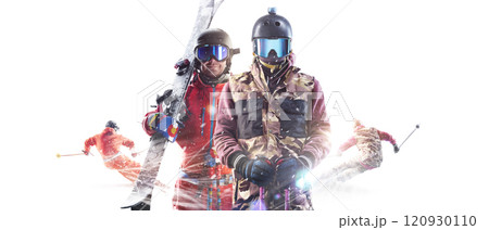 Two skiers. In the background, skiers are going down the mountain slope at top speed. Skiing poster. Action. Winter sport. Isolated on white 120930110