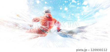 Skis. A skier in a red ski suit goes down a mountain slope at maximum speed. A man in action. View from behind. Snow flies into the camera from under the skis. Snowstorm Skis. A skier in a red ski suit goes down a mountain slope at maximum speed. A man in action. View from behind. Snow flies into the camera from under the skis. Snowstorm 120930112