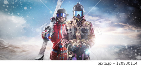 Skiing. Portrait of two skiers in the mountains. Mockup. Background. Beautiful empty winter background. Winter action sport. Panorama 120930114