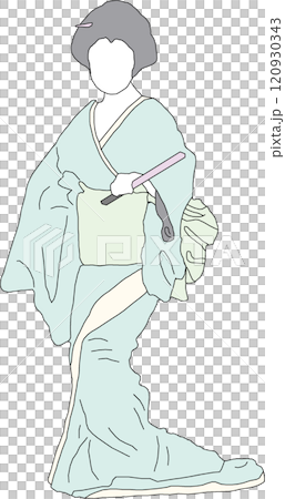 一個穿著和服行走的女人,日本舞蹈的場景 一個穿著和服行走的女人,日本舞蹈的場景 120930343