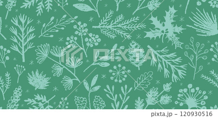 Christmas pattern. Seamless floral vector. Crayon pastel plant. Winter and Christmas flower background. Green mint holiday design with mistletoe branch, berry. Crayon childish element. Cute pattern bg 120930516