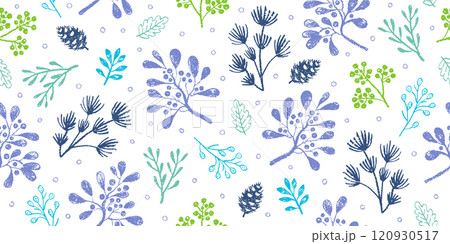 Christmas floral pattern. Seamless mistletoe pine branch berry vector. Crayon pastel plant. Winter Christmas flower background. Green blue chalk holiday design. Crayon childish element. Cute pattern 120930517