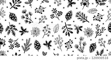 Winter branch pattern. Vector Christmas tree. Crayon pine plant seamless. White black hand drawn mistletoe, fir pine, holly branch, Christmas tree pattern. Line Xmas background. Charcoal floral winter 120930518