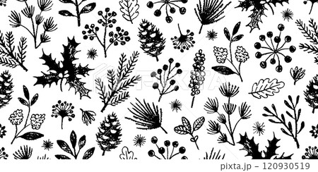 Winter branch pattern. Vector Christmas tree. Crayon pine plant seamless. White black hand drawn mistletoe, fir pine, holly branch, Christmas tree pattern. Line Xmas background. Charcoal floral winter 120930519