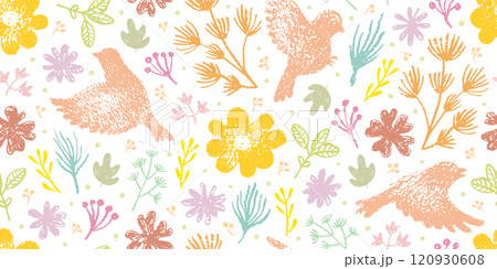 Bird flower pattern. Seamless floral vector spring background. Crayon wallpaper garden design. Abstract bird animal plant leaf flower print. Simple pastel illustration. Vintage cute Easter pattern bg 120930608
