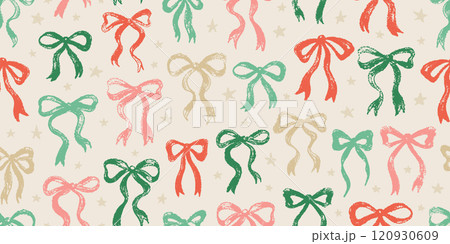 Bow pattern. Christmas seamless vintage ribbon vector illustration. Gift drawing, cute present crayon design. Colorful doodle hand drawn bow pattern. Seamless ribbon print background. Pink silhouette 120930609
