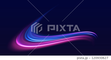 Speed police line. Laser beams, horizontal light rays. Magic shining neon light line trails. Purple glowing wave swirl, impulse cable lines. High speed effect motion blur night lights 120930627