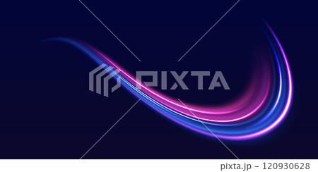 Speed police line. Laser beams, horizontal light rays. Magic shining neon light line trails. Purple glowing wave swirl, impulse cable lines. High speed effect motion blur night lights 120930628