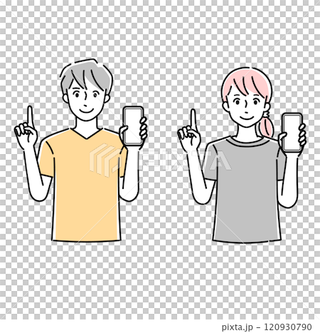 Illustration material of a man and woman holding a smartphone and pointing 120930790