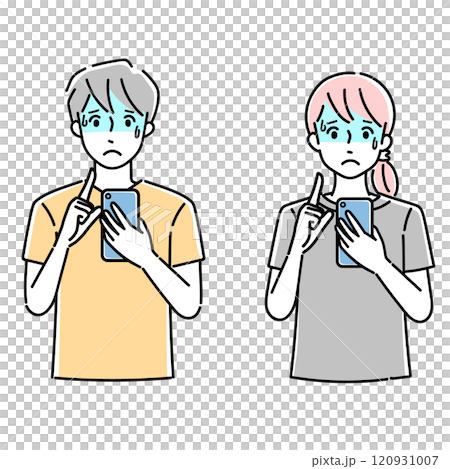 Men and women having trouble with their smartphones 120931007
