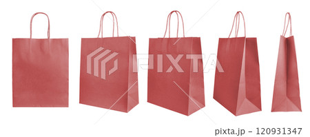 Various perspectives of red recycled paper shopping bags isolated on white background 120931347