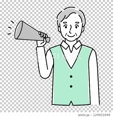 Senior man cheering with a megaphone Senior man cheering with a megaphone 120932049