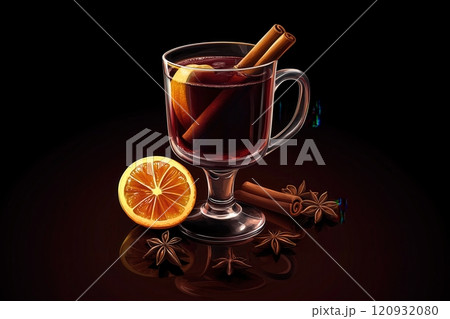 Mulled wine in a glass with a cinnamon stick, orange slice and anise. Vector illustration 120932080