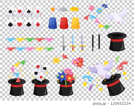 Illustration set of tools used in magic tricks Illustration set of tools used in magic tricks 120932224