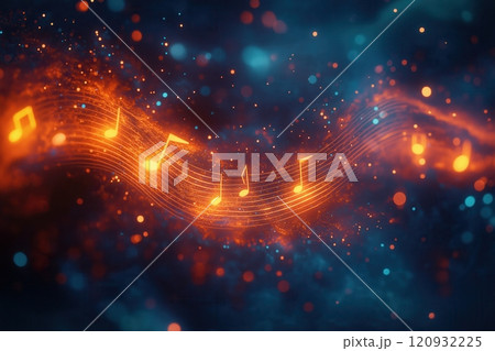 Musical notes and symbols on an abstract dark background form a captivating composition Musical notes and symbols on an abstract dark background form a captivating composition 120932225