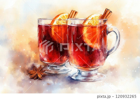 mulled wine with cinnamon stick and orange slice on wooden rustic table, Watercolor illustration 120932265