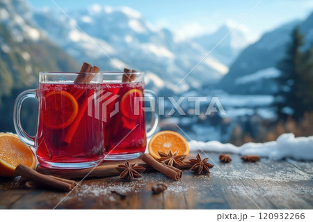 Two glasses of red mulled wine. Hot winter drink with cinnamon, cardamom, orange, anise on a village table against the backdrop of snow-capped mountains 120932266