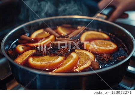 Woman preparing mulled wine with orange, cinnamon and anise in a saucepan, close-up 120932271