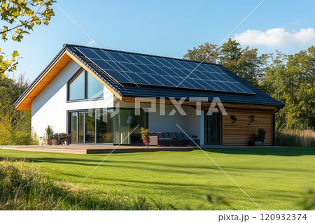 photovoltaic solar cells on the roof of the house, cottage 120932374