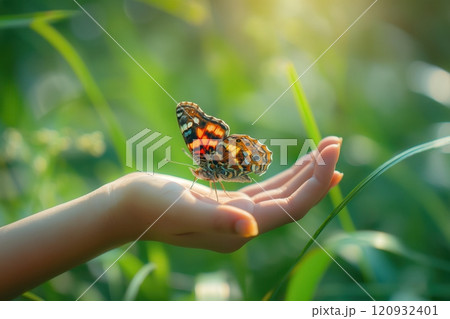beautiful butterfly on hand on a background of green grass beautiful butterfly on hand on a background of green grass 120932401