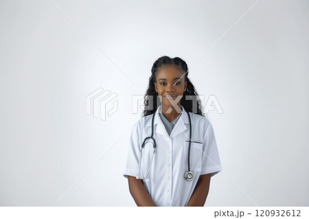 Portrait of smiling african american female doctor in medical uniform holding stethoscope on white background 120932612