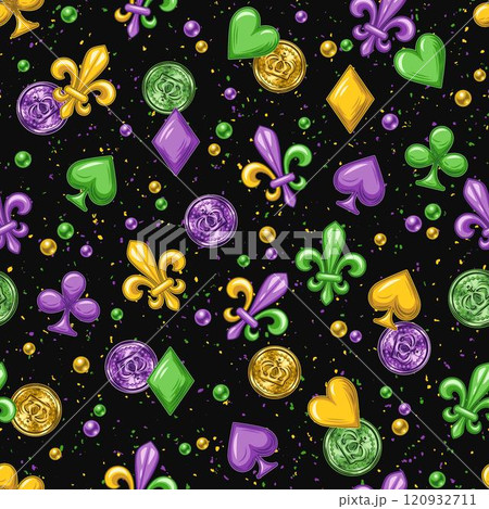 Mardi Gras themed seamless pattern with falling shiny coins, Fleur de Lis sign, playing card suits symbols, scattered beads, confetti, trinkets on dark textured background. Vintage style. Mardi Gras themed seamless pattern with falling shiny coins, Fleur de Lis sign, playing card suits symbols, scattered beads, confetti, trinkets on dark textured background. Vintage style. 120932711
