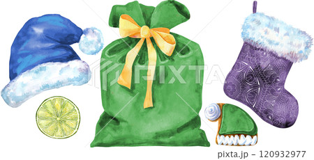 Christmas Santa hat, bag, ball and sock for gift, watercolor illustration 120932977
