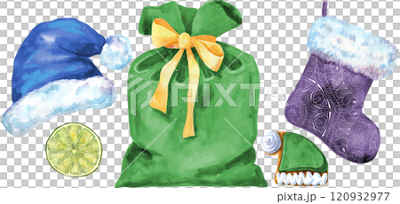 Christmas Santa hat, bag, ball and sock for gift, watercolor illustration 120932977