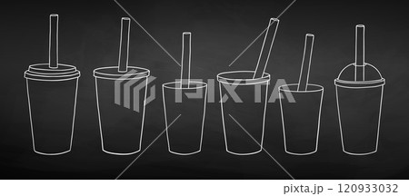 Line art coffee cups on chalkboard background Line art coffee cups on chalkboard background 120933032