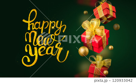 Happy New Year inscription with Levitation of Red Christmas gift boxes with golden balls on a green background. New Year's gift concept. Copy space poster banner photo 120933042