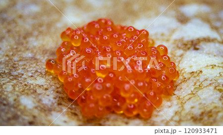 Traditional Russian Blini with Red Caviar on a Plate Traditional Russian Blini with Red Caviar on a Plate 120933471