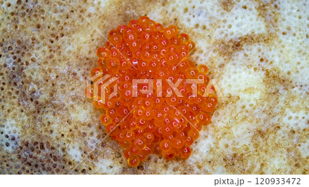 Traditional Russian Blini with Red Caviar on a Plate 120933472