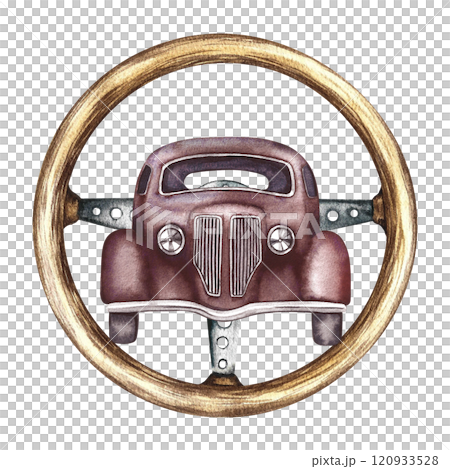 Vintage car and retro steering wheel. Watercolor illustration, made by hand, in isolation. For banners, flyers, posters. For prints, stickers, postcards and badges. 120933528
