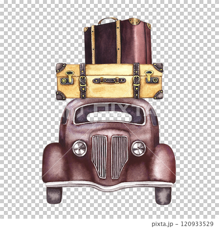 Vintage retro car with suitcases, front view. A watercolor illustration made by hand. Isolate. Traveling in a retro car. For posters, prints, stickers and postcards. Vintage retro car with suitcases, front view. A watercolor illustration made by hand. Isolate. Traveling in a retro car. For posters, prints, stickers and postcards. 120933529