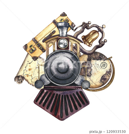 Traveling by train. Retro steam locomotive, suitcase, locomotive bell,globe and map. Handmade watercolor illustration in vintage style. For banners, posters, stickers, postcards and tickets. Traveling by train. Retro steam locomotive, suitcase, locomotive bell,globe and map. Handmade watercolor illustration in vintage style. For banners, posters, stickers, postcards and tickets. 120933530