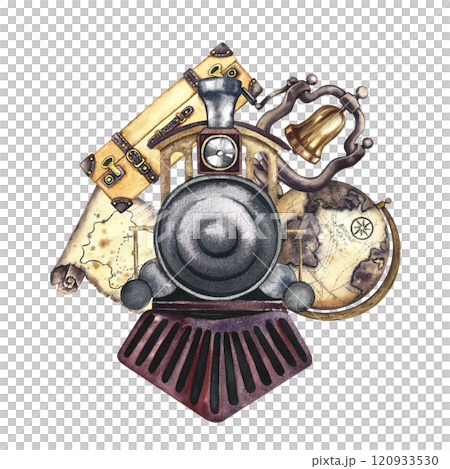 Traveling by train. Retro steam locomotive, suitcase, locomotive bell,globe and map. Handmade watercolor illustration in vintage style. For banners, posters, stickers, postcards and tickets. Traveling by train. Retro steam locomotive, suitcase, locomotive bell,globe and map. Handmade watercolor illustration in vintage style. For banners, posters, stickers, postcards and tickets. 120933530
