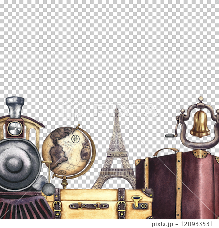 Traveling by train in Europe. A watercolor illustration made by hand. A traveler's postcard in vintage style. Highlight it. For banners, flyers, posters. For prints, stickers, postcards and tickets. Traveling by train in Europe. A watercolor illustration made by hand. A traveler's postcard in vintage style. Highlight it. For banners, flyers, posters. For prints, stickers, postcards and tickets. 120933531