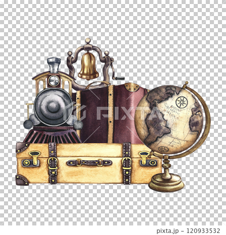 Traveling by train. A retro steam locomotive on a suitcase, a steam locomotive bell and a globe. Handmade watercolor illustration in vintage style. For banners, posters, stickers, postcards and ticket 120933532